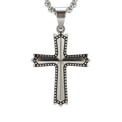 TwoBirch Oxidized Beaded Men's Cross on a Thick Round Box Chain with a Lobster Clasp