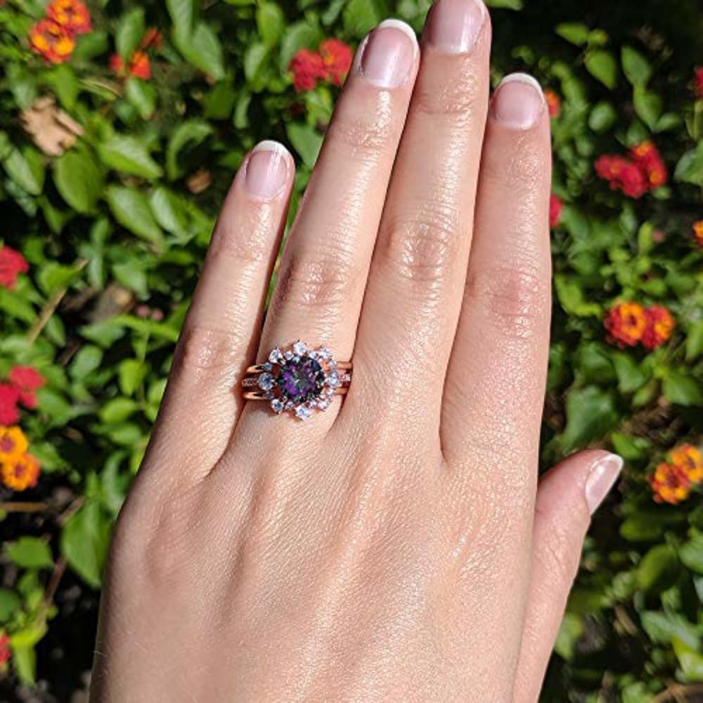 TwoBirch Rose Gold Plated Mystic Topaz Simulant Synthetic Diamond  Floral Design Border Round Engagement Ring Bridal Set Trio Ring Stack