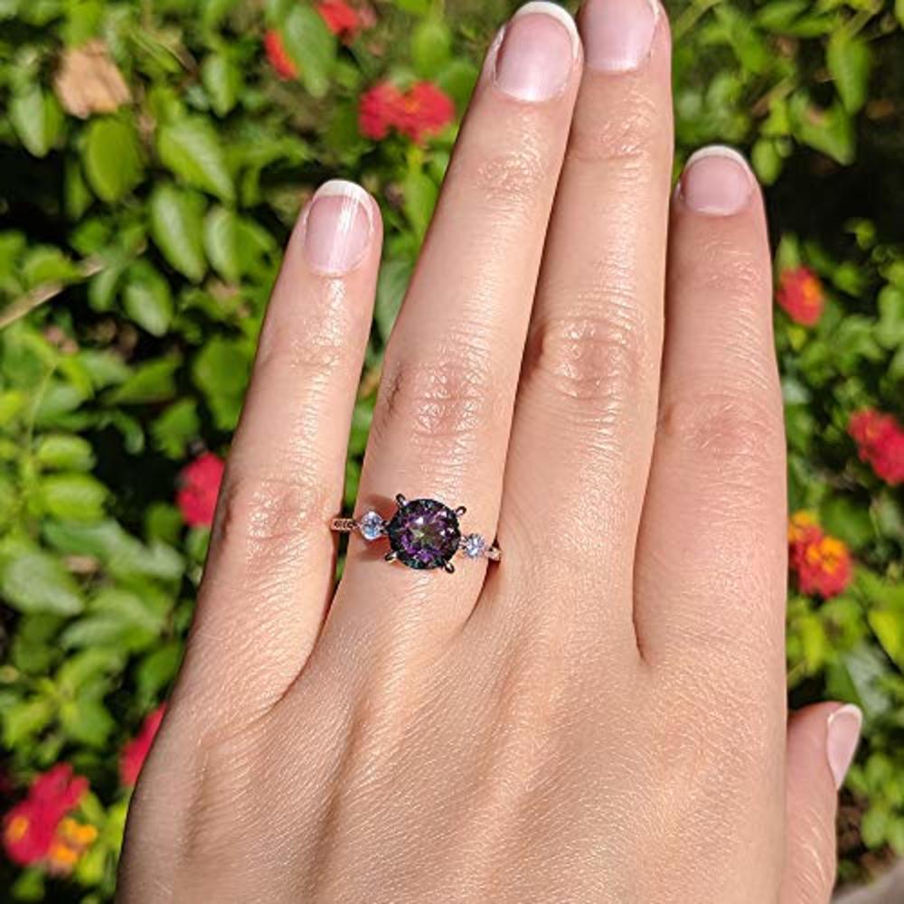 TwoBirch Rose Gold Plated Mystic Topaz Simulant Synthetic Diamond  Floral Design Border Round Engagement Ring Bridal Set Trio Ring Stack