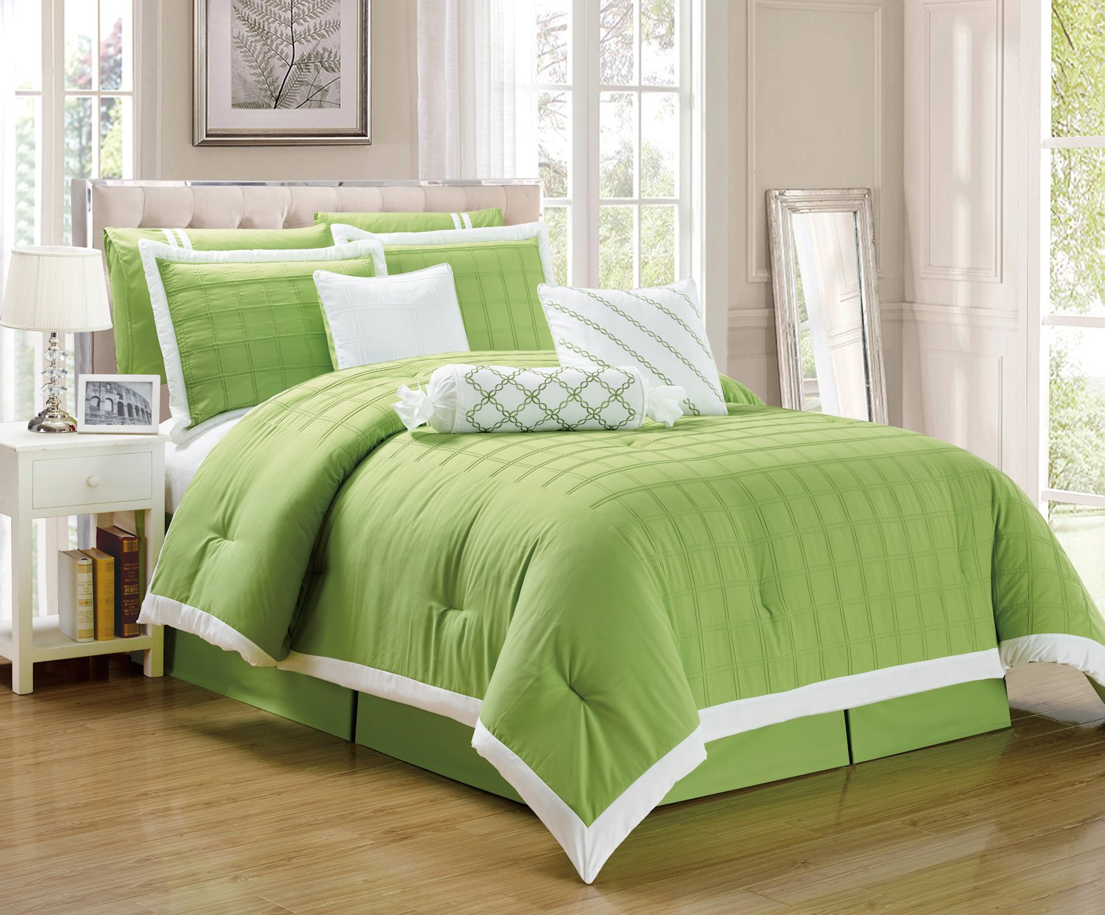9 Pc Pleated Microfiber Comforter Set, Lime Green King Size Bedding Sets