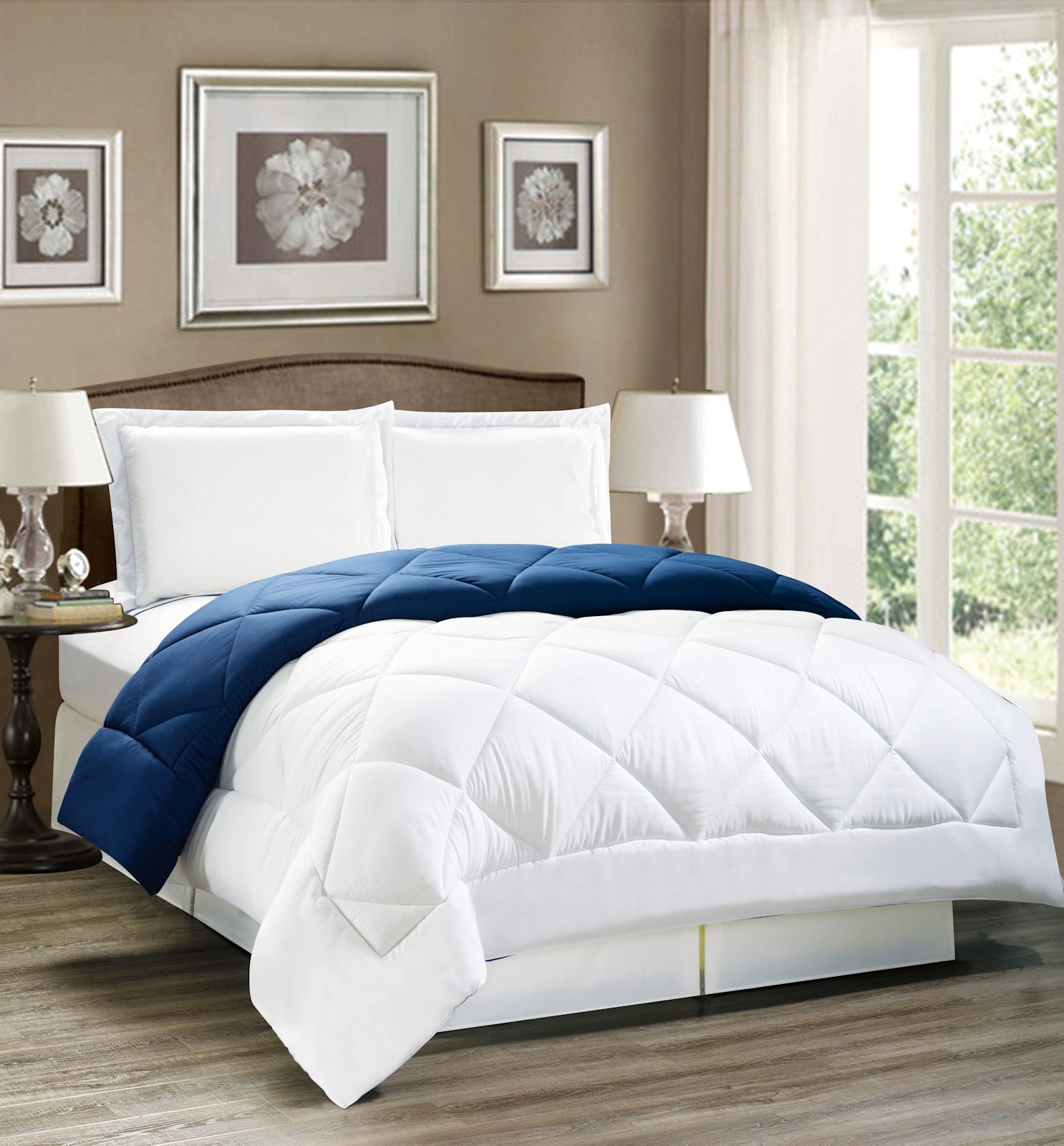 navy blue and white bedroom decor