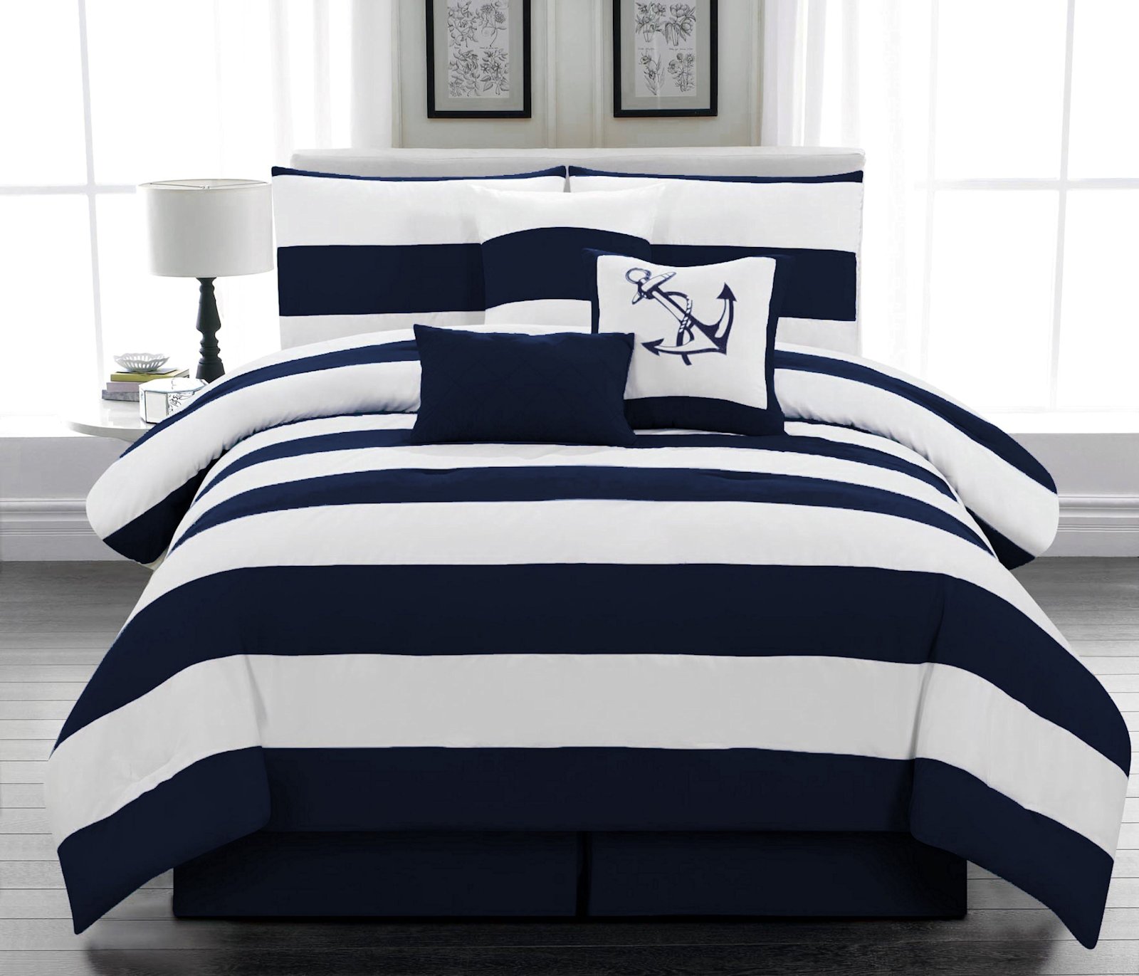 Legacy Decor 7pc. Microfiber Nautical Themed Comforter set, Navy Blue and White Striped, King Size