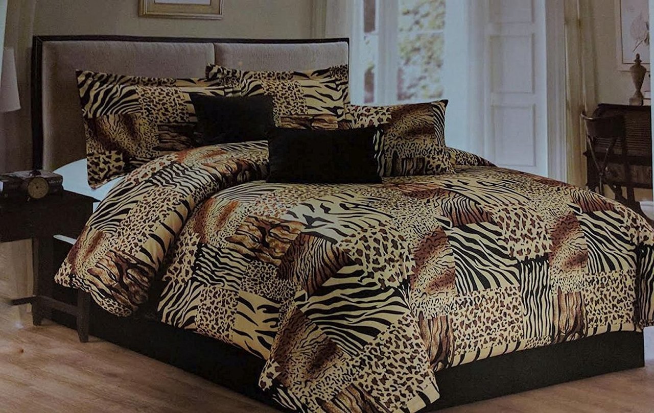 Legacy Decor 7 Pc Multi Animal Print Black, Brown, Tan Microfur Comforter  Set. Full Size Comforter