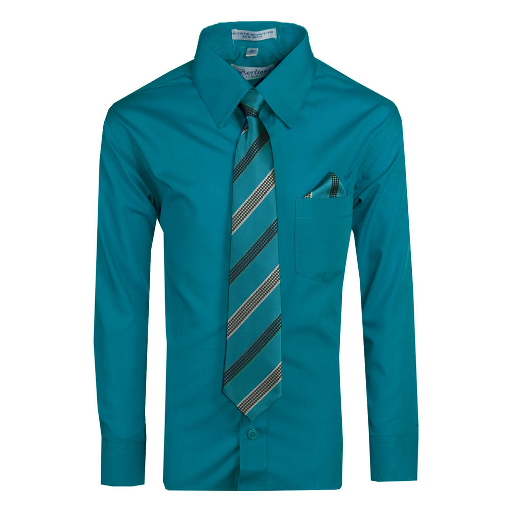 BERLIONI Boys Turquoise Dress Shirt with Neck Tie and Pocket Square