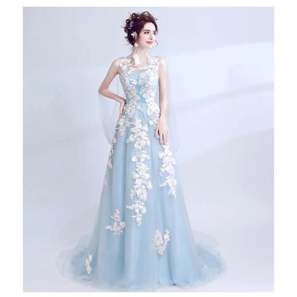 Formal Dress New Womens Sexy Wedding Dress Light Blue White Flowers Sleeveless Floor Length Big Fishtail Bride Wedding Dress DR10098LTBLU