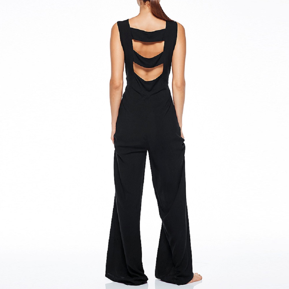 richcoco New Sexy Women Casual Solid O-Neck Backless Tall Waist Sleeveless Chiffon Black Evening Party Sexy Jumpsuit DR179BLK