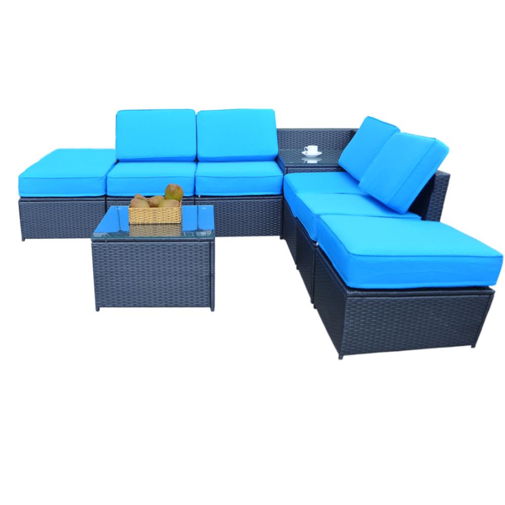 MCombo Outdoor Patio Black Wicker Furniture Sectional Set All-Weather Resin Rattan Chair Conversation Sofas 6085-1008A6