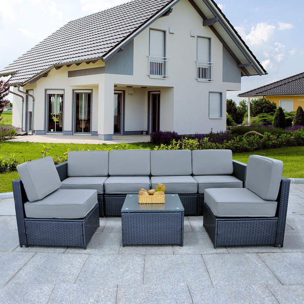 Mcombo Outdoor Patio Black Wicker Furniture Sectional Set All-Weather Resin Rattan Chair Conversation Sofas 6085-S1007EY