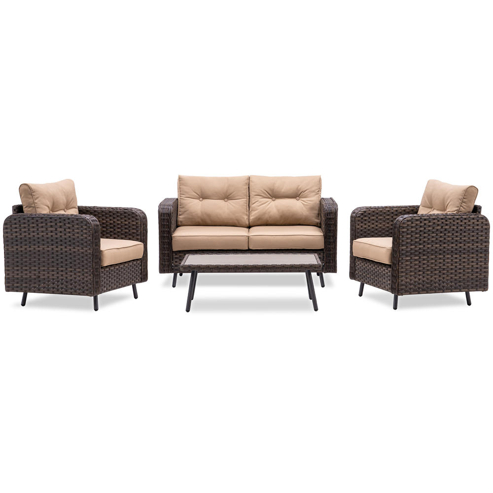 MCombo Wicker Patio Furniture Sofa 4 Pieces Set with Cushion and Coffee Table ,Wicker Conversation Set，6082-9541BR
