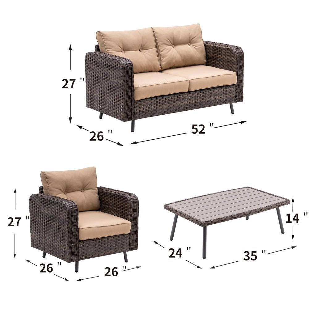 MCombo Wicker Patio Furniture Sofa 4 Pieces Set with Cushion and Coffee Table ,Wicker Conversation Set，6082-9541BR