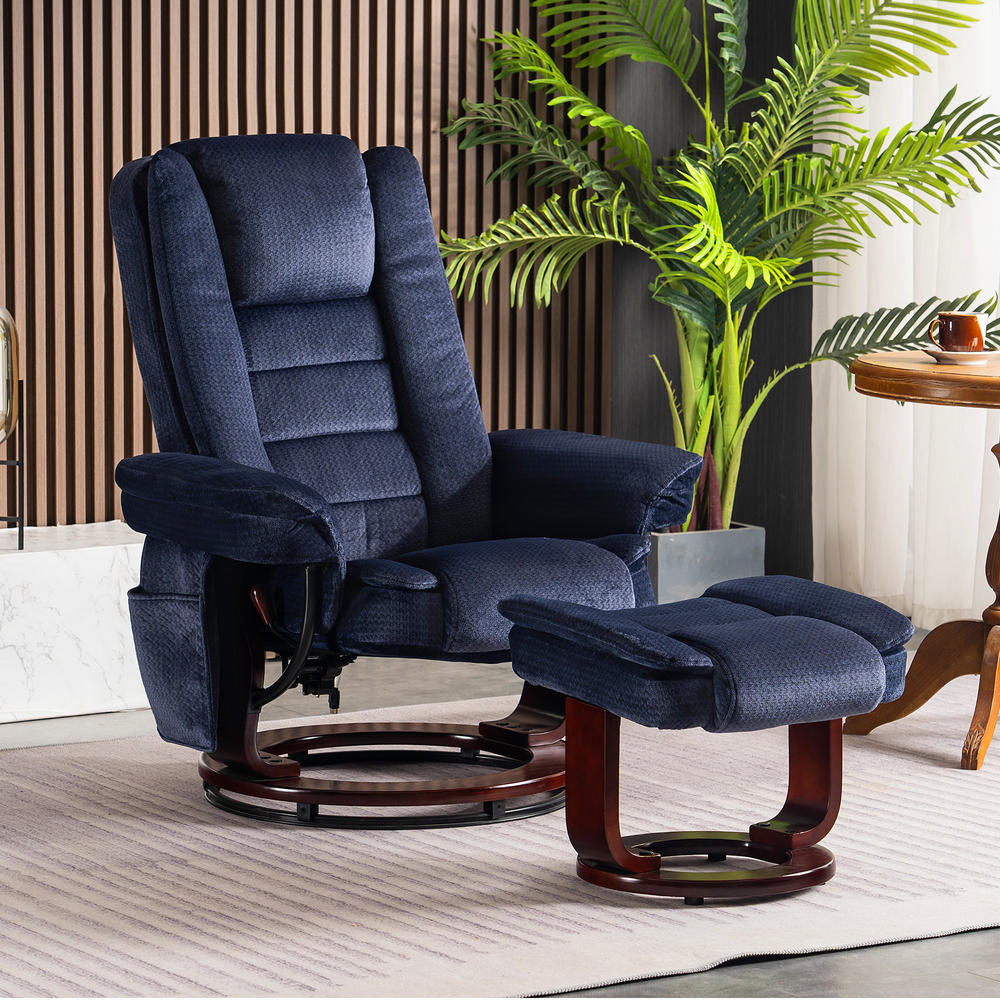 Mcombo Recliner Chair with Ottoman, Fabric Accent Chair with Vibration Massage, Swivel Chair with Wood Base, for Living Reading