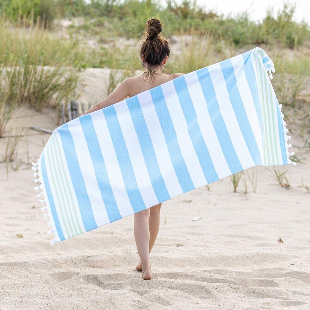 Blue Nile Mills Coastal Resort Cotton Beach Towel Striped Absorbent Lightweight Quick Drying Oversized Fouta Beach Towel with Tassels 35x68