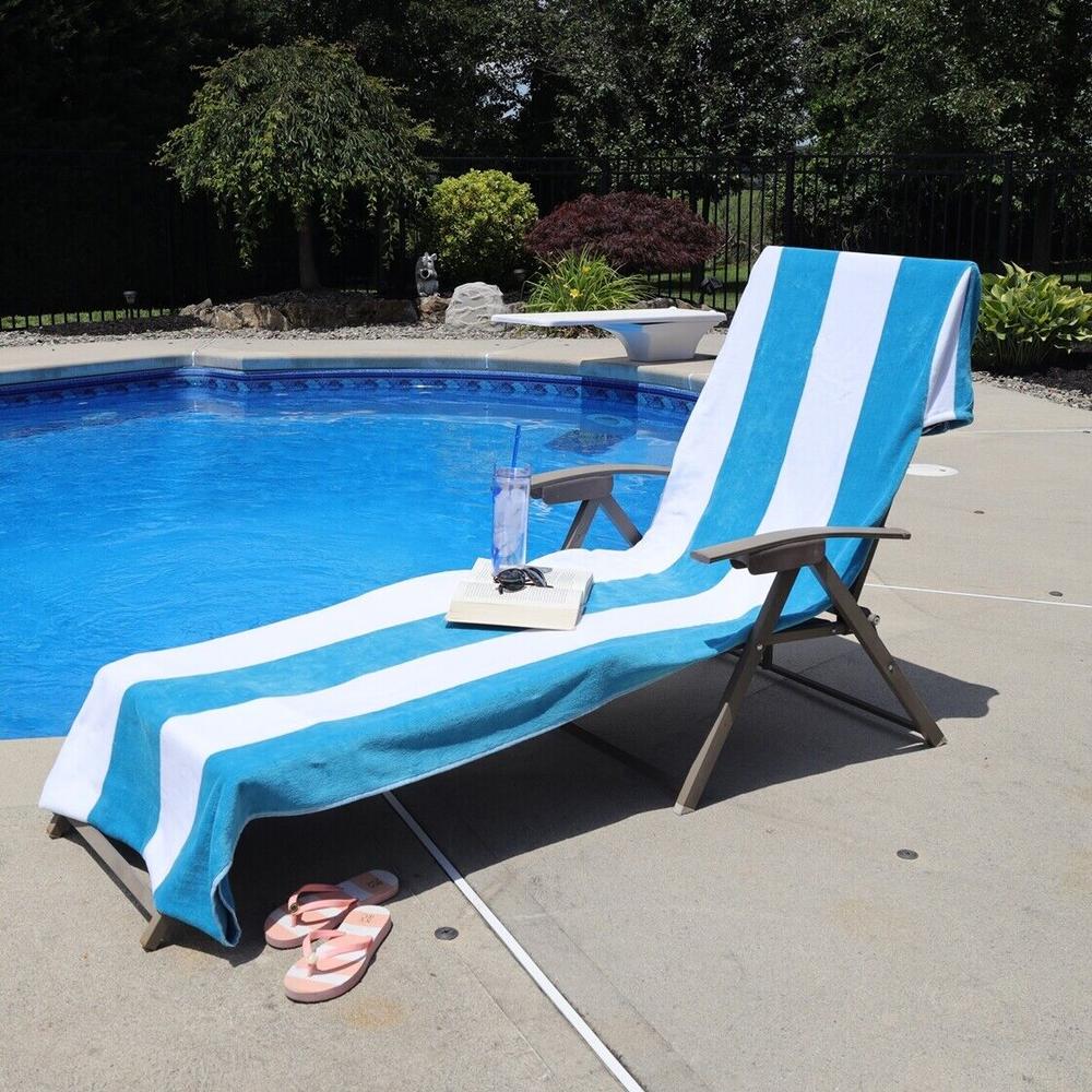 Blue Nile Mills Cotton Cabana Striped Fitted Pocket Quick Drying Soft Chaise Lounge Chair Towel