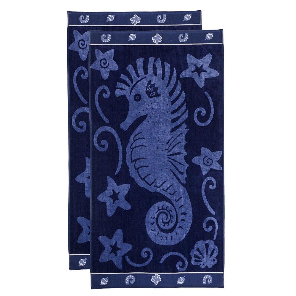 Blue Nile Mills Sea Horse Nautical Cotton Beach Towel Lightweight Quick Drying Absorbent Oversized Beach Towels Blue 34 in x 64 in