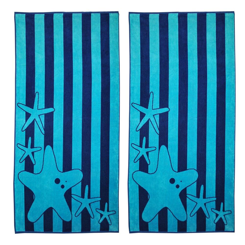 Blue Nile Mills Seafina Starfish Ocean Nautical Cotton Beach Towel Striped Quick Drying Absorbent Oversized Beach Towels Blue 34 in x 64 in