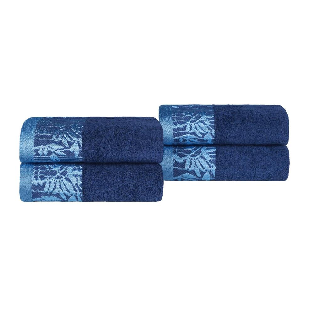 Blue Nile Mills 4 Piece Wisteria Cotton Embroidered Border Towel Set Quick Drying Super Absorbent Ultra Soft Hand Towels 20" x 30"