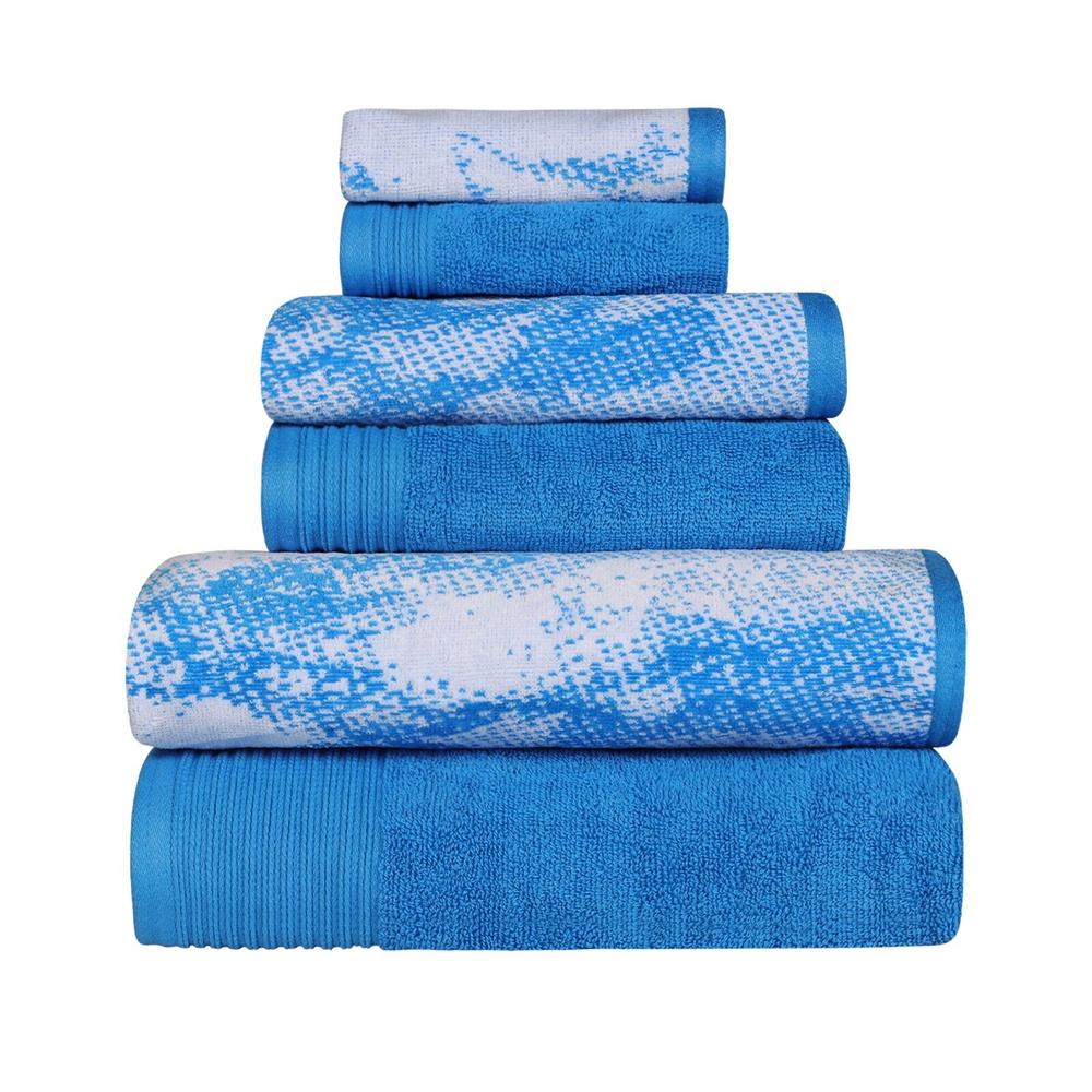 Blue Nile Mills 6 Piece Cotton Solid & Marble Effect Towel Set Ultra Soft Highly Absorbent Quick Drying Washcloth Face Hand Bath Bathroom Towels