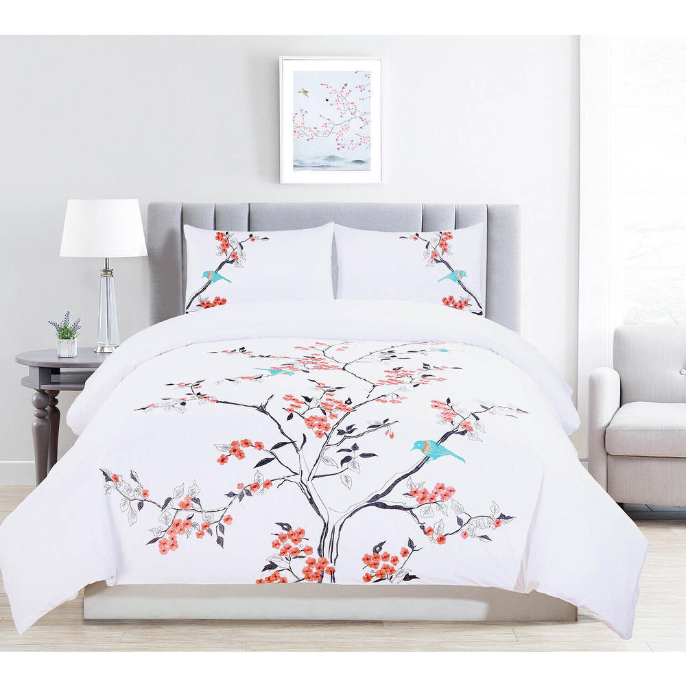 Blue Nile Mills Cherry Garden Embroidered Floral Cotton Duvet Cover & Pillow Sham Bedding Set