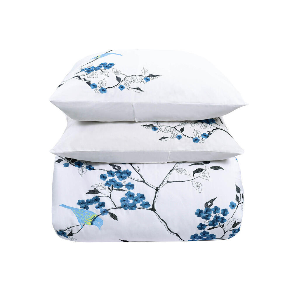 Blue Nile Mills Cherry Garden Embroidered Floral Cotton Duvet Cover & Pillow Sham Bedding Set