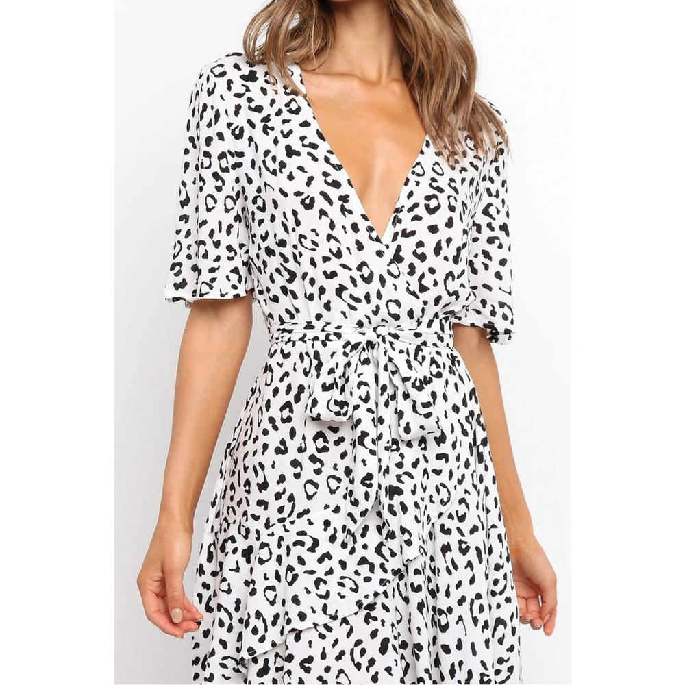 Tom Carry Women Deep V-Neck Leopard Pattern Short Sleeve Loose Breathable Comfy Dress