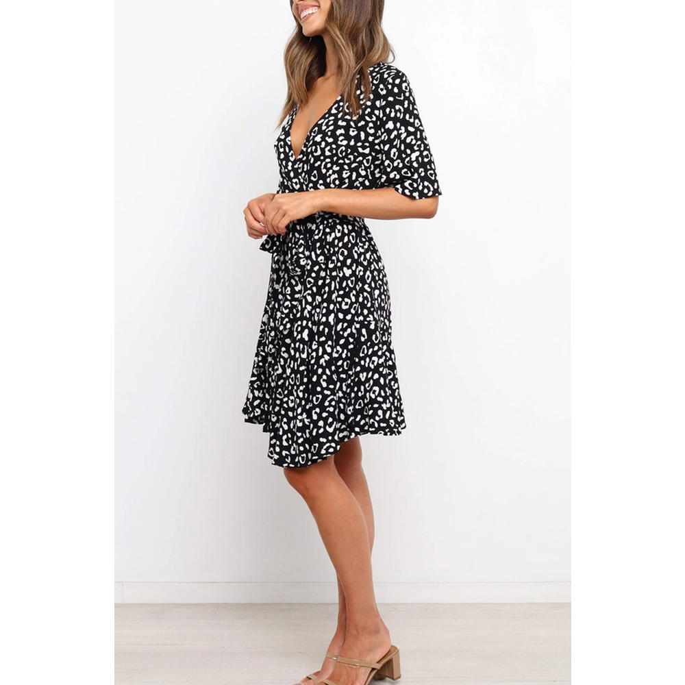 Tom Carry Women Deep V-Neck Leopard Pattern Short Sleeve Loose Breathable Comfy Dress