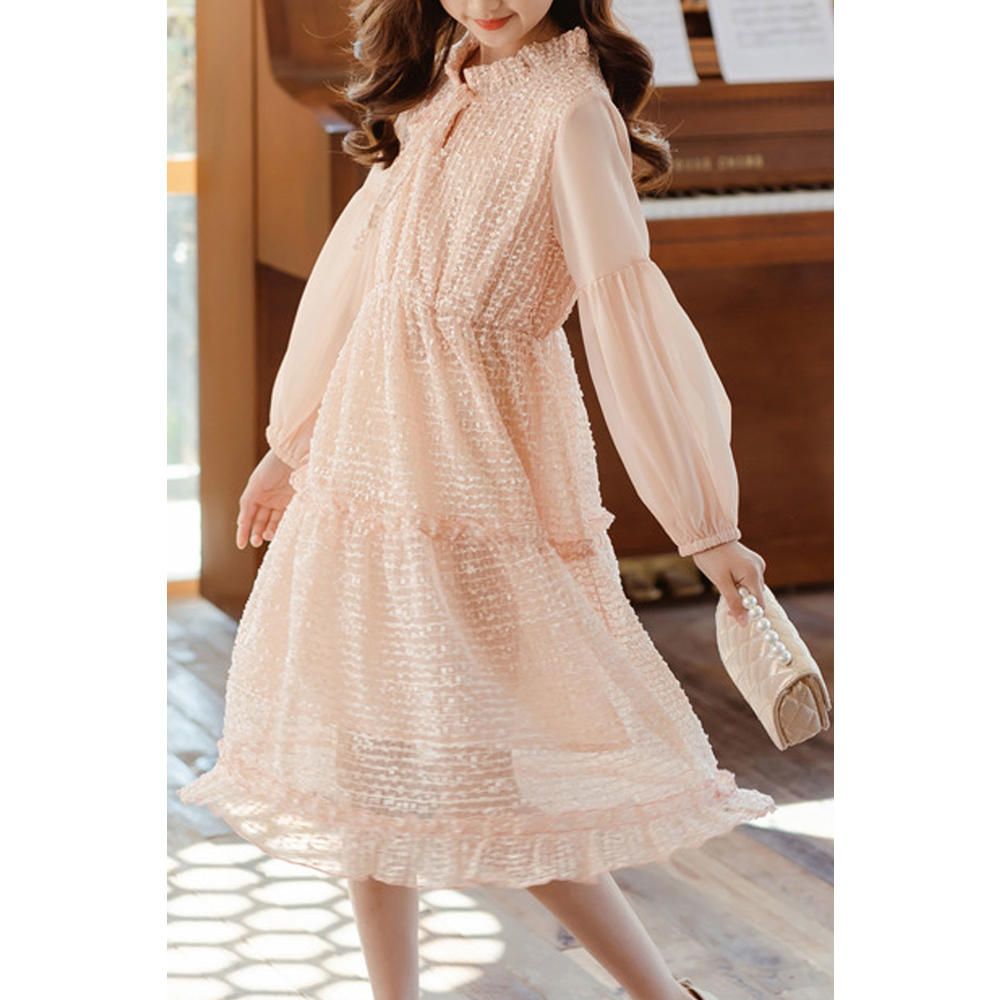 Unomatch Kids Girls Mid Length Long Sleeve Elegant Solid Colored Cute Casual Dress