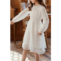 Unomatch Kids Girls Mid Length Long Sleeve Elegant Solid Colored Cute Casual Dress
