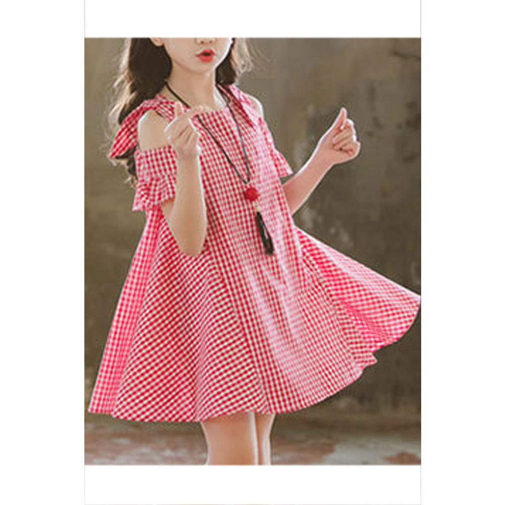 Unomatch Kids Girls Elegant Plaid Pattern Cold Shoulder Breathable Summer Trendy Dress