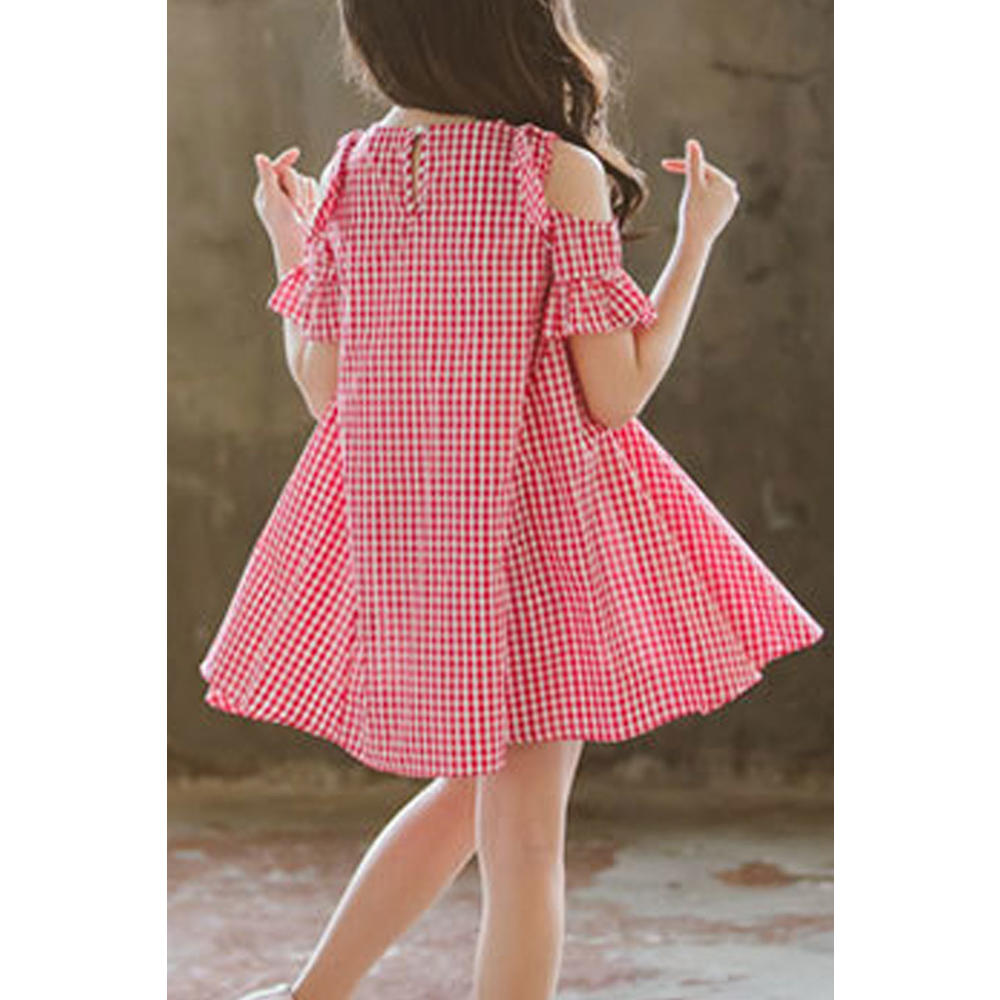 KettyMore Kids Girls Elegant Plaid Pattern Cold Shoulder Breathable Summer Trendy Dress