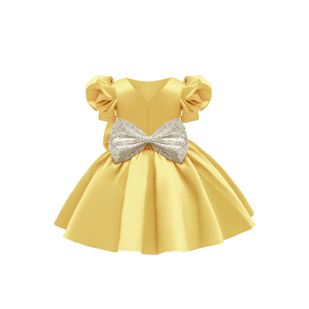 Unomatch Toddler Baby Girls Round Neck Sleeveless Trendy Solid Colored Pleated Hem Bow Attatched Casual Dress
