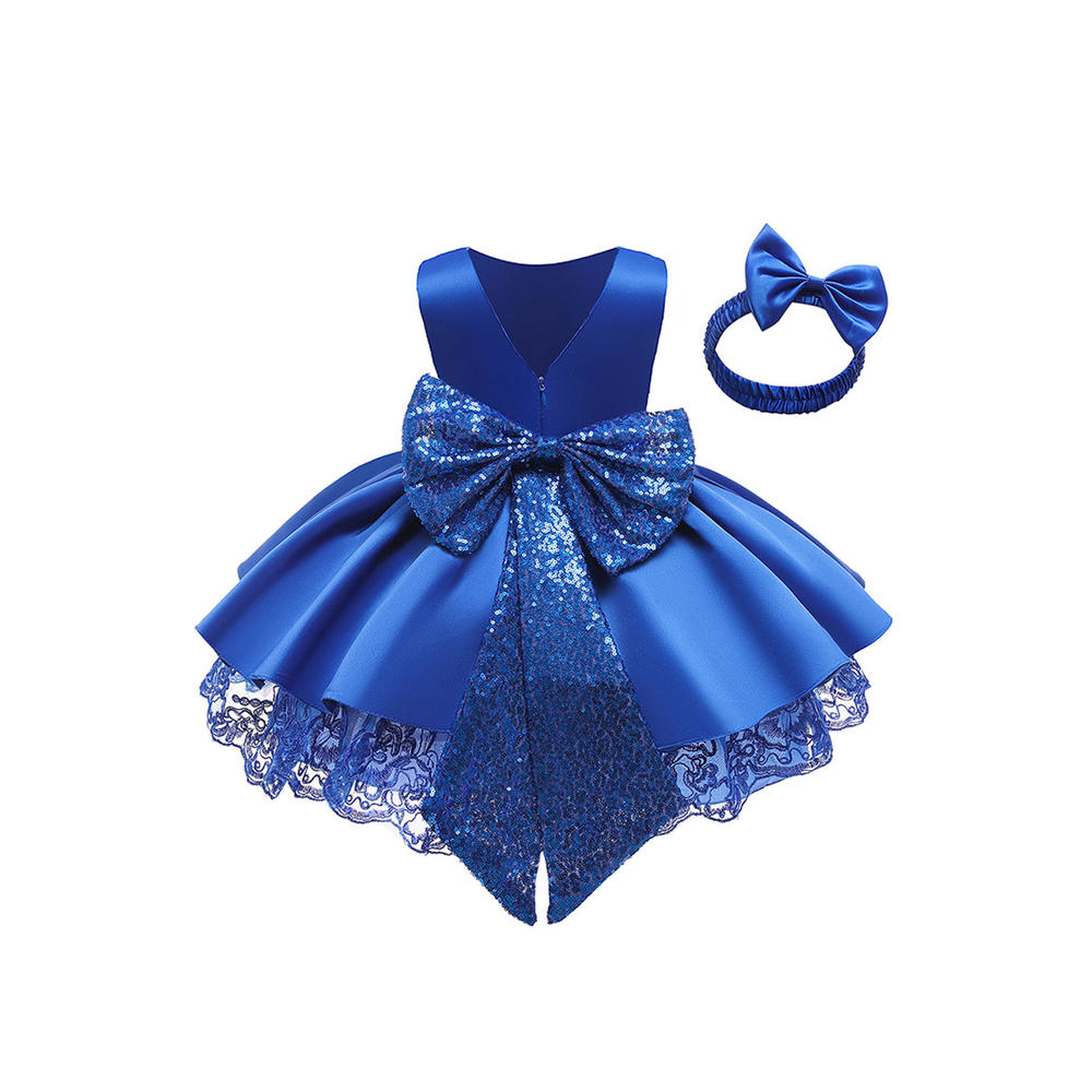 Unomatch Toddler Baby Girls Round Neck Sleeveless Trendy Solid Colored Pleated Hem Bow Attatched Casual Dress