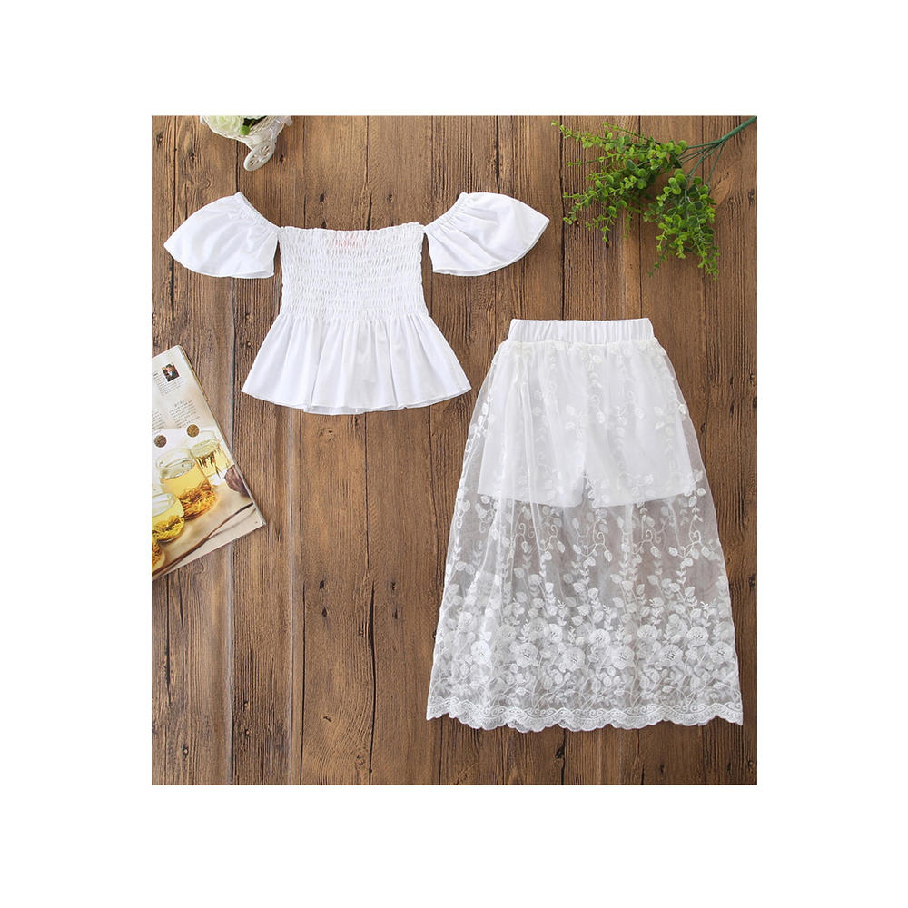 Unomatch Toddler Girls Awesome Solid Colored Off Shoulder Pleated Hem Elasticated Waist Lace Skirt Two Piece Outfit