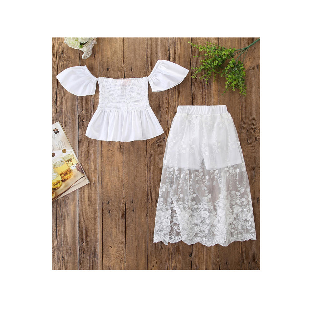 Unomatch Toddler Girls Awesome Solid Colored Off Shoulder Pleated Hem Elasticated Waist Lace Skirt Two Piece Outfit