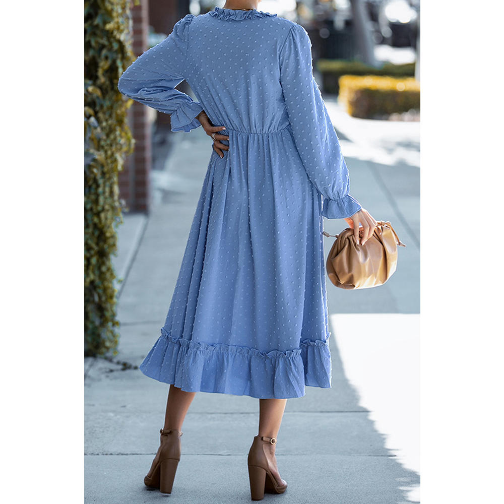 Unomatch Women Outstanding Solid Colored Long Sleeve Easy V-Neck Mid Length Fashionable Dress
