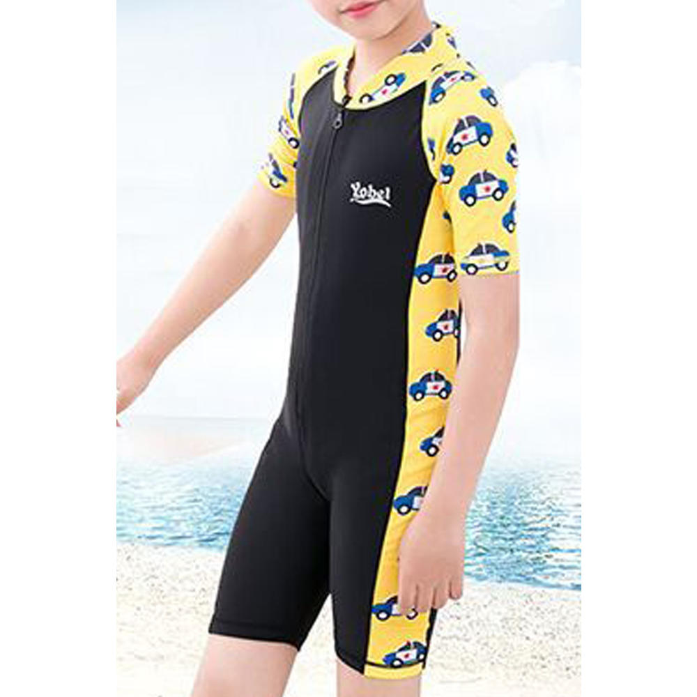 Unomatch Kids Boys Fashionable Car Printed Short Sleeve Slim Fit Beach Swimwear