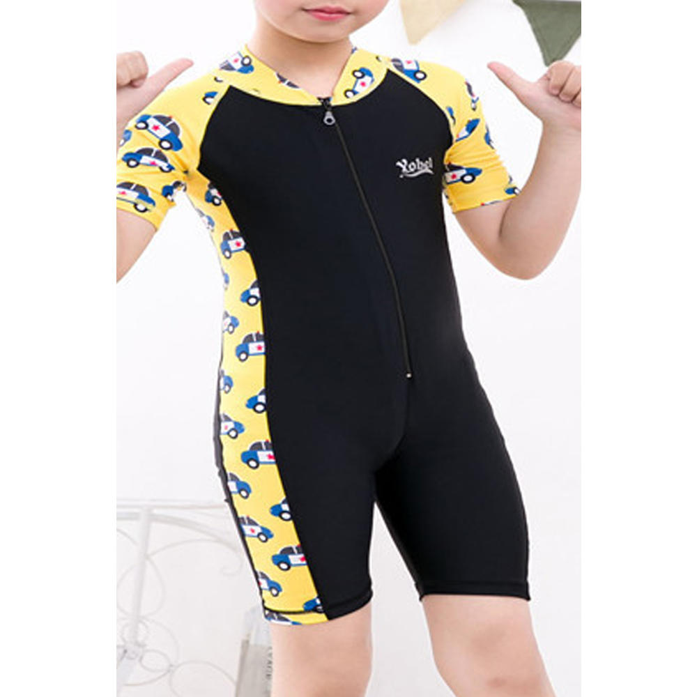 Unomatch Kids Boys Fashionable Car Printed Short Sleeve Slim Fit Beach Swimwear