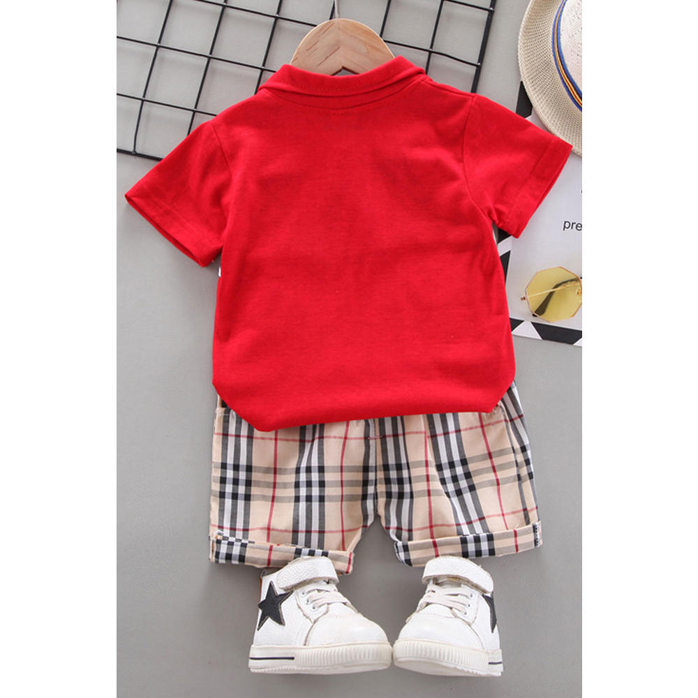 Unomatch Toddler Boys Summer Soft Collar Neck Breathable Short Sleeve Plaid Bottom Outfit