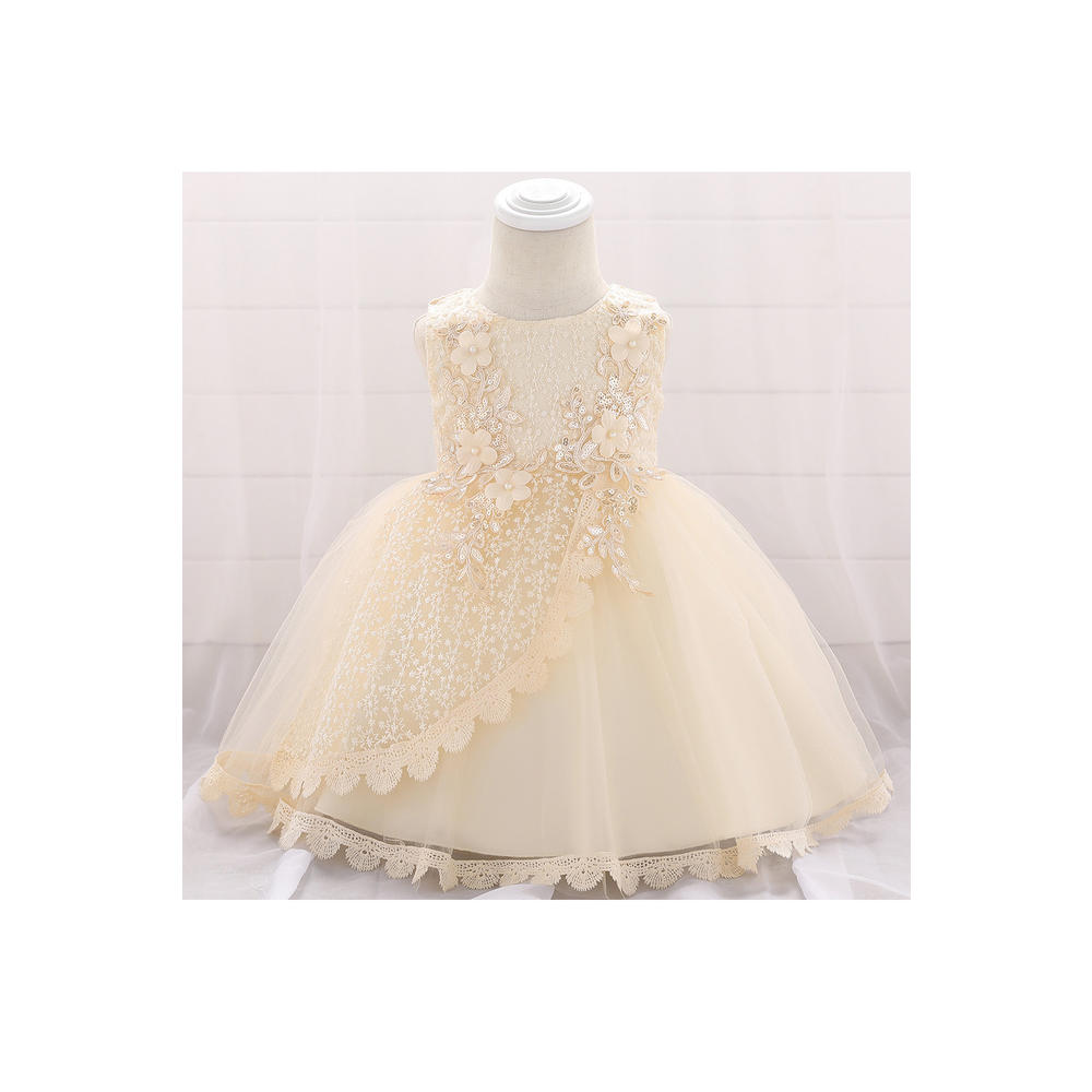 Unomatch New Born Girl Flower Lace Pearls Sleeveless Styled Round Neck Pleated Hem Wedding Dress