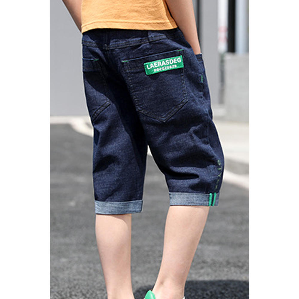 Unomatch Kids Boys Fabulous Letter Pattern Mid-Lengh Elasticated Waist Pockets Styled Casual Denim Jeans