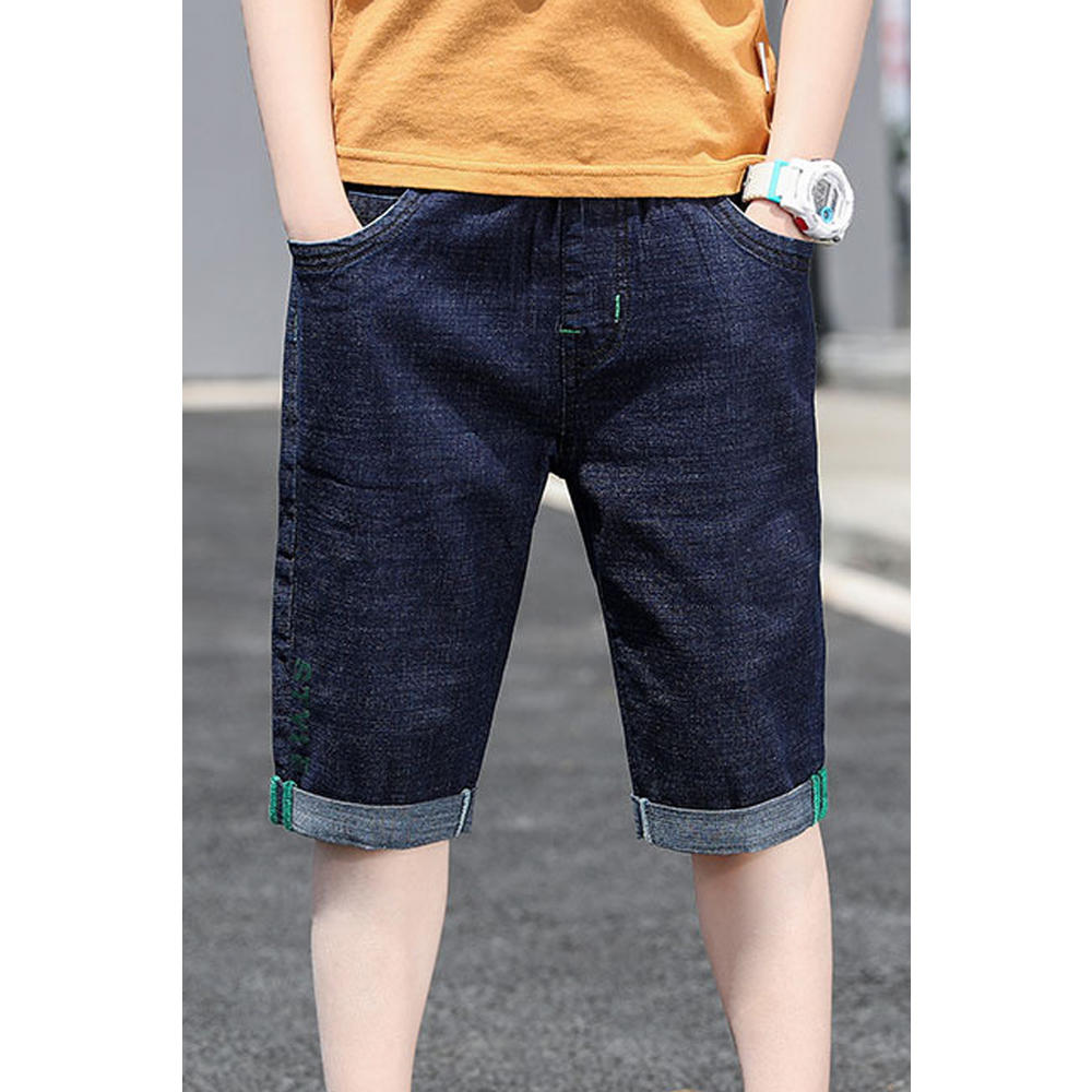 Unomatch Kids Boys Fabulous Letter Pattern Mid-Lengh Elasticated Waist Pockets Styled Casual Denim Jeans