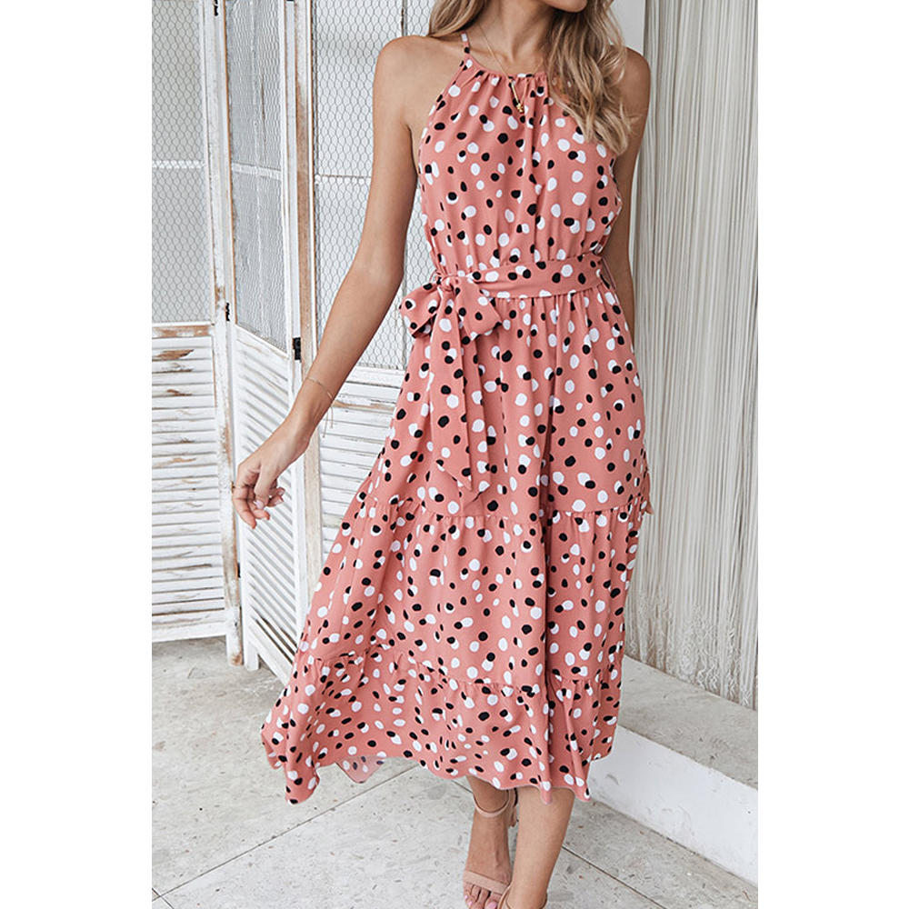 Tom Carry Women Knotted Waist Alluring Polka Dotted Pattern Round Neck Mid-Length Summer Sleeveless Party Dress