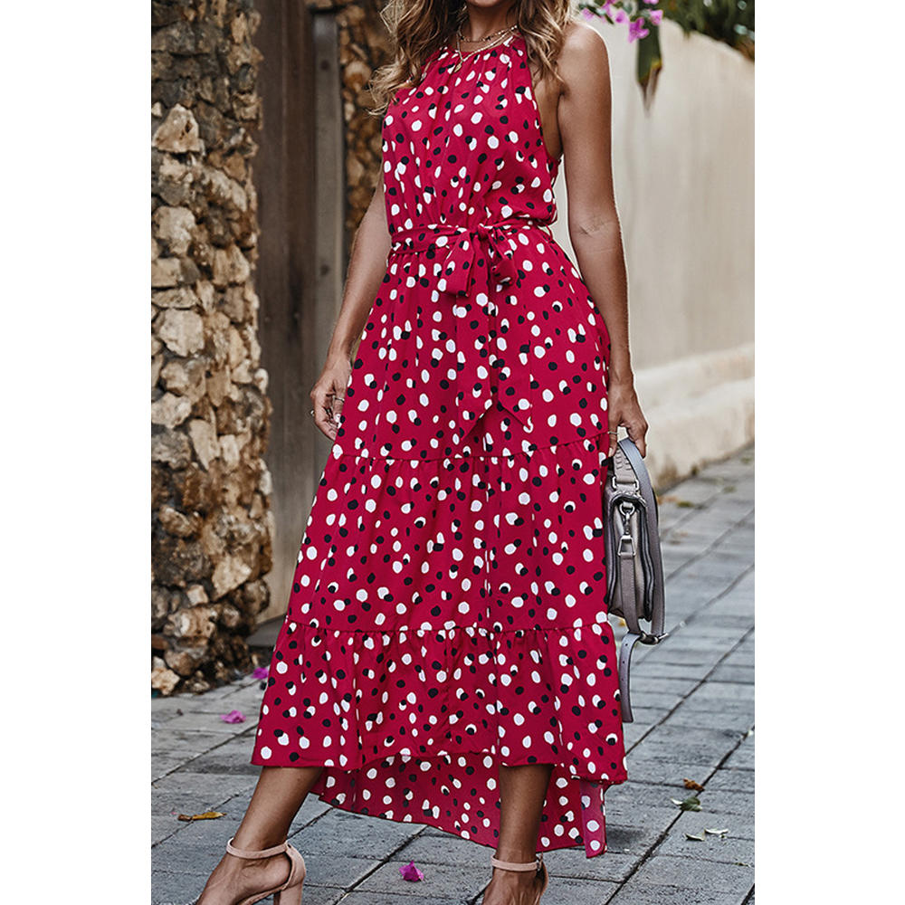 Tom Carry Women Knotted Waist Alluring Polka Dotted Pattern Round Neck Mid-Length Summer Sleeveless Party Dress