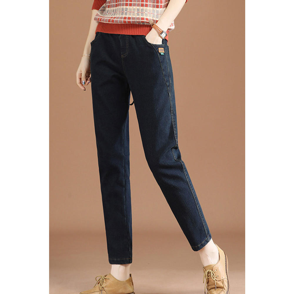 Unomatch Women Elasticated Waist Solid Pattern Classic Style Denim Jeans