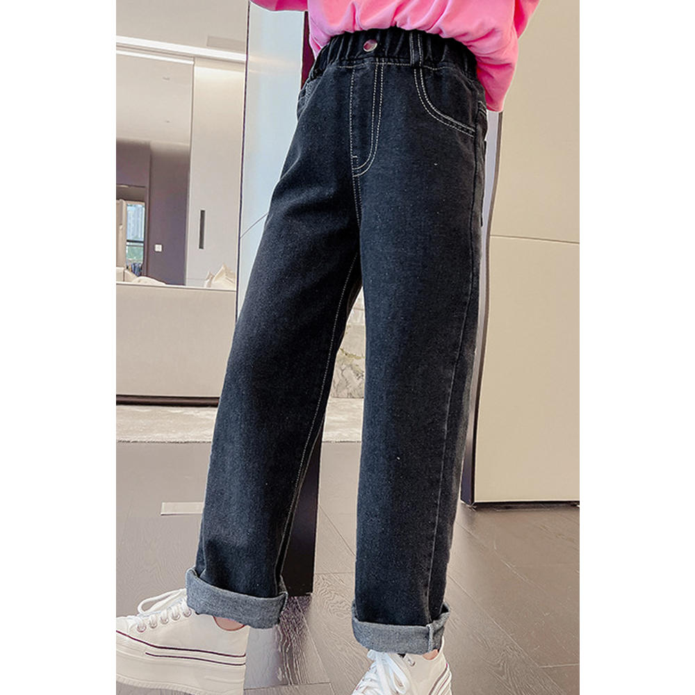 Unomatch Kids Girls Fashion Wide-Legs Elasticated Mid-Waist Pockets Styled Weekend Denim Jeans