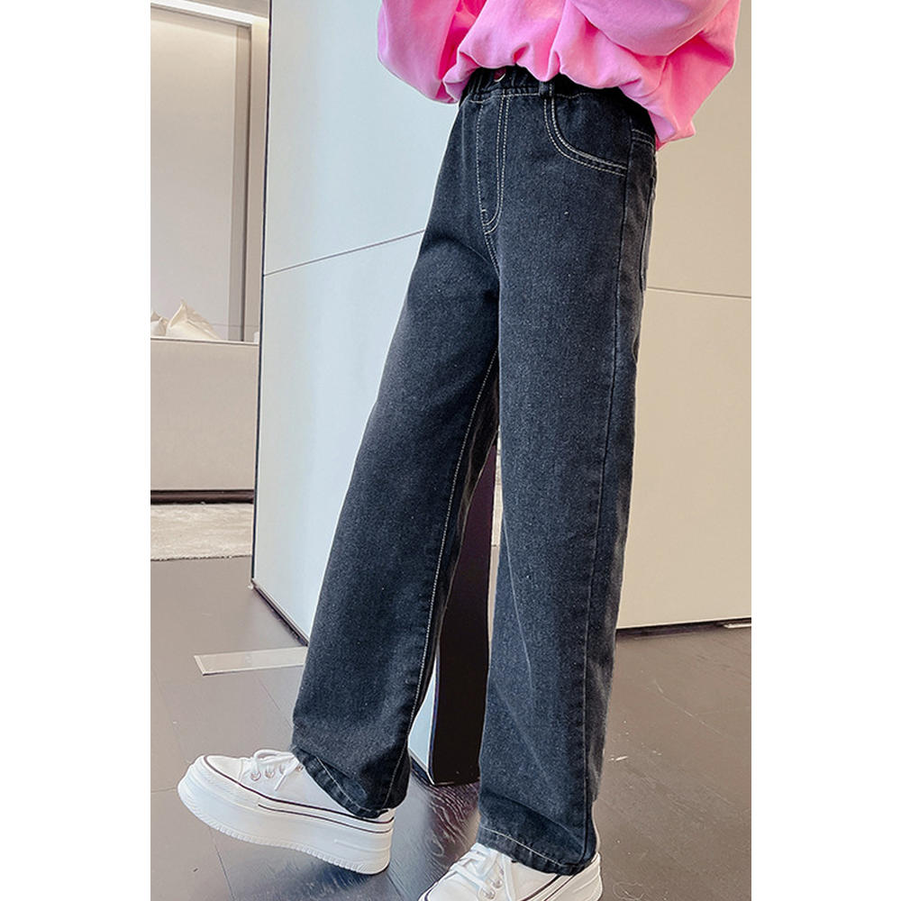 Unomatch Kids Girls Fashion Wide-Legs Elasticated Mid-Waist Pockets Styled Weekend Denim Jeans