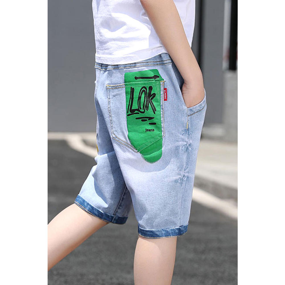 Unomatch Kids Boys Delightful Letter Pattern Fashionable Pockets Elasticated Mid-Waist Casual Denim Short
