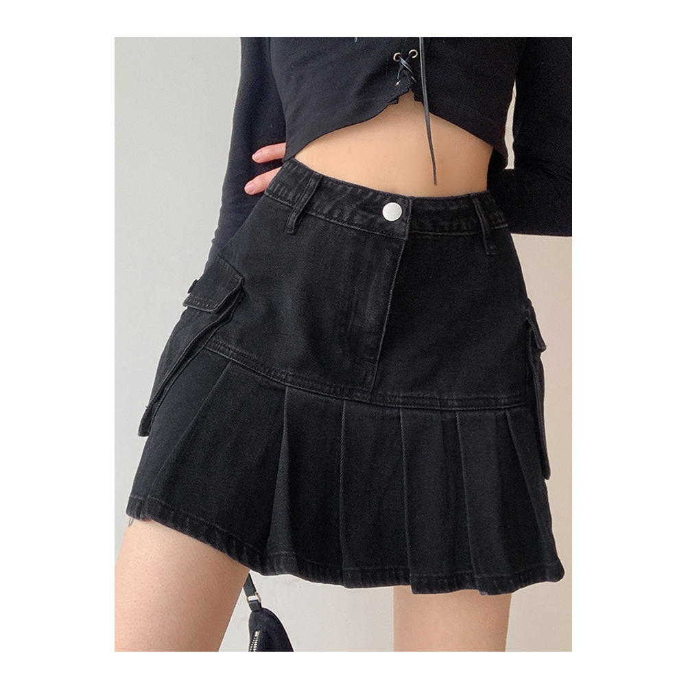 Unomatch Women Superb High Waist Excellent Pleated Styled With Flap Pockets Button Closure Weekend Casual Denim Skirt