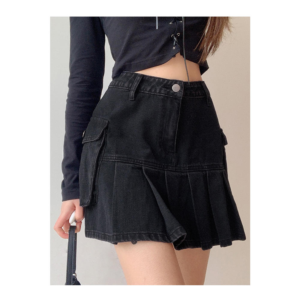 Unomatch Women Superb High Waist Excellent Pleated Styled With Flap Pockets Button Closure Weekend Casual Denim Skirt