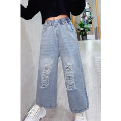 Unomatch Kids Girls Beautiful Solid Colored Ripped Fashion Elasticated Mid-Waist Wide-Legs Denim Jeans