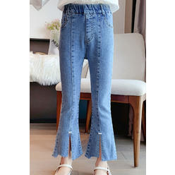 Unomatch Kids Girls Relaxed Fit Mid-Waist Elegent Solid Colored Summer Slim Fit Casual Denim Jeans